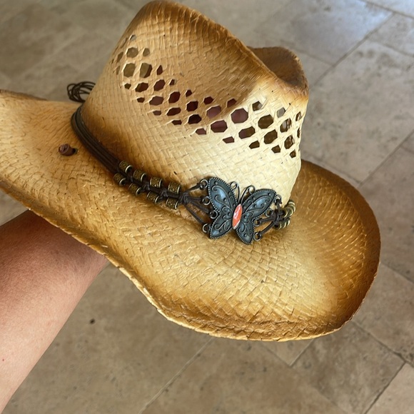 Cowgirl Cowboy hat.Jacobson.Shapeable,stiff .Butterfly accent,Beaded head band - Picture 9 of 12